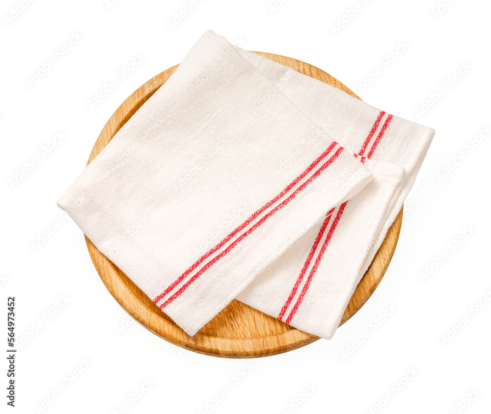 白色背景上的披萨餐巾和餐巾纸。隔离的木制圆形餐巾纸俯视图。