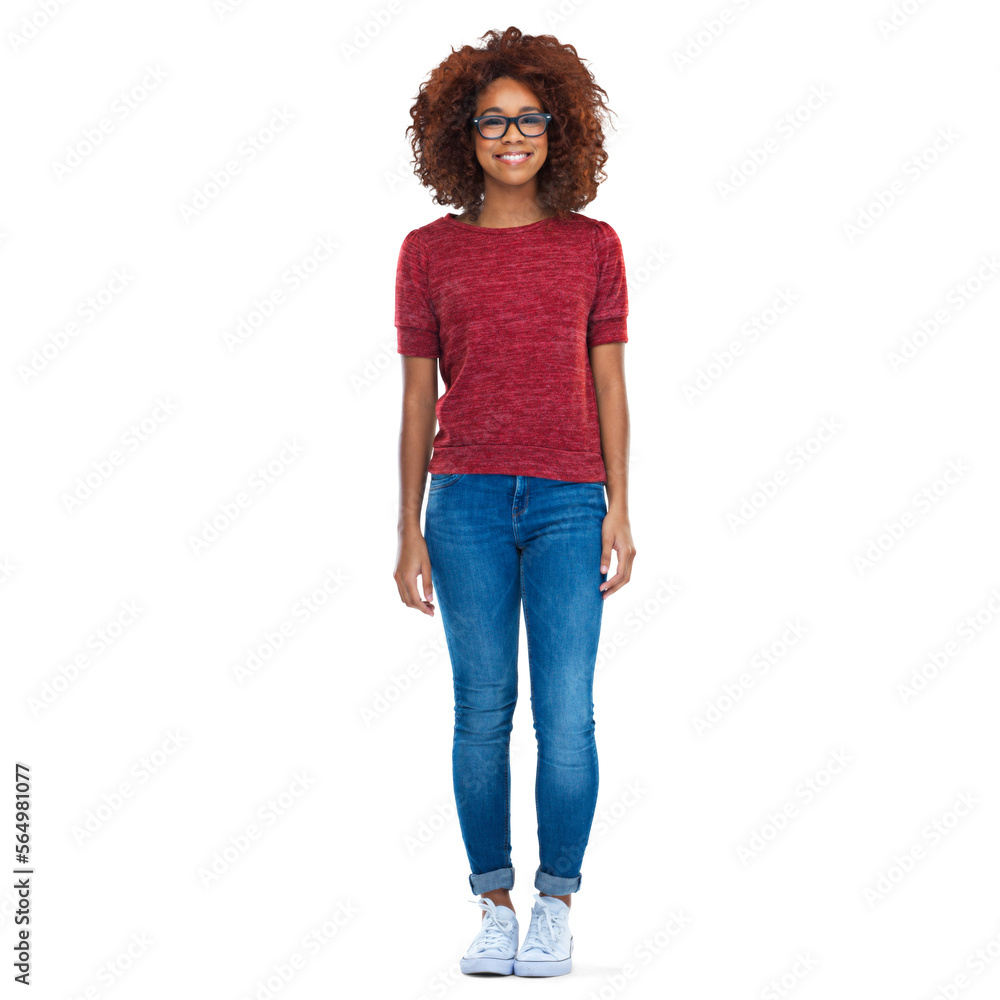 Full length portrait of an attractive african young woman standing isolated on a PNG background.