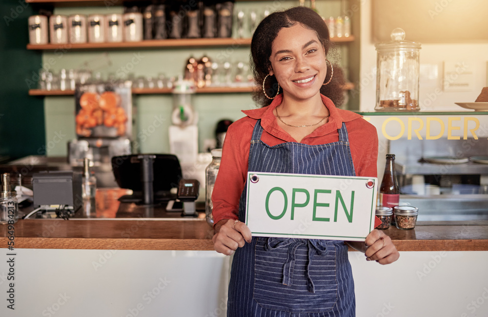 Small business, portrait or black woman with an open sign to welcome sales in cafe or coffee shop. M