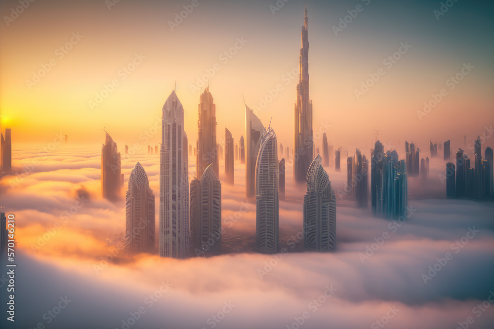 Top of skyscrapers building high above the clouds in the morning sunrise . Futuristic architecture o