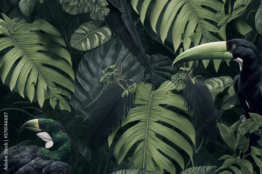 Various tropical leaves and birds exotic wallpaper design . Sublime Generative AI image .