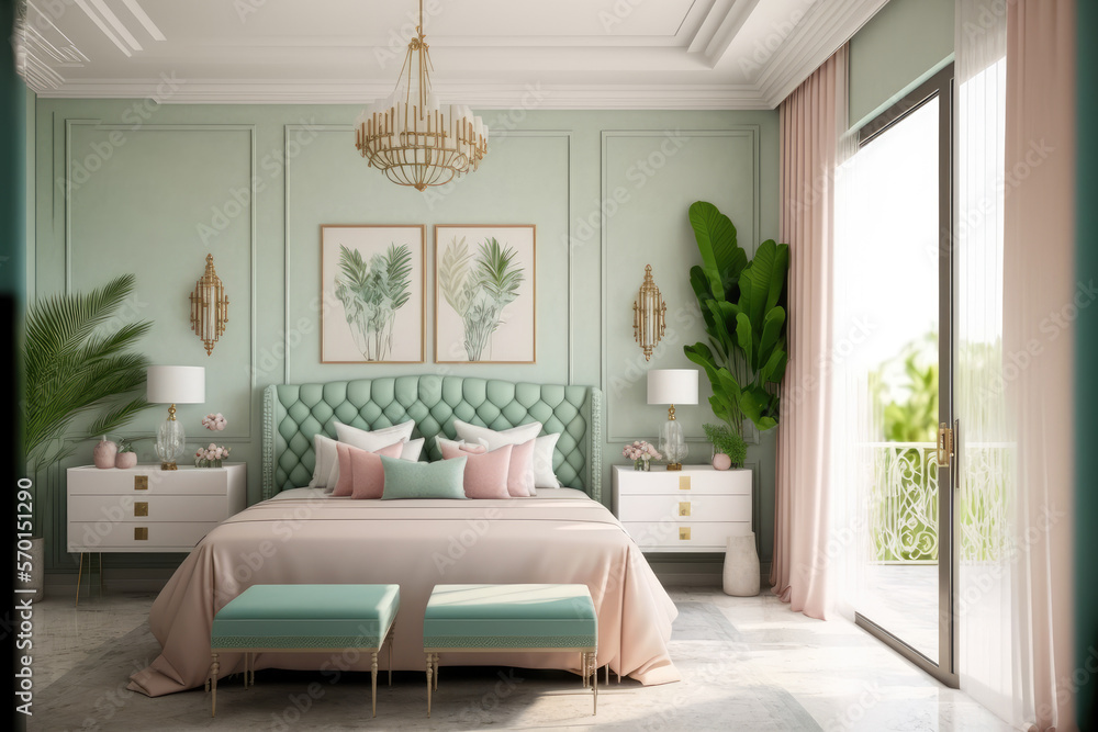 Pastel color elegant bedroom interior design. Peculiar AI generative image.