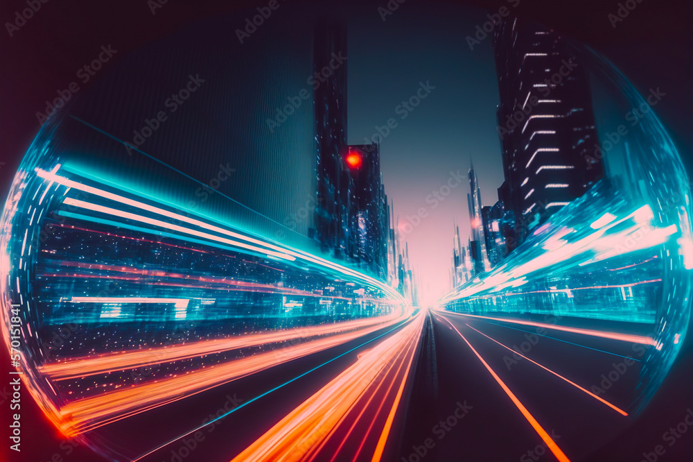 Smart digital city with high speed light trail of cars of digital data transfer . Sublime Generative