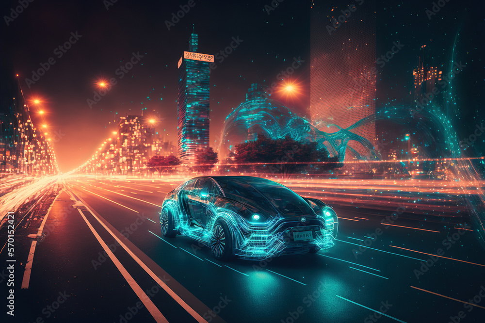Racing sports car driving on urban city road with luxury digital technology . Sublime Generative AI 