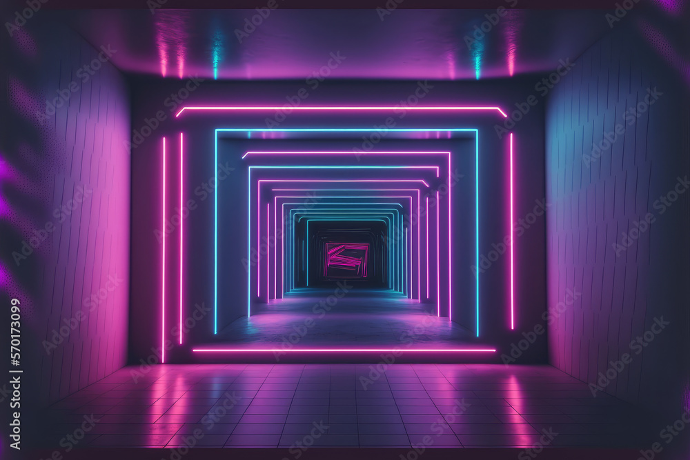 Neon light corridor tunnel with diminishing perspective view . Futuristic walking pathway. Peculiar 