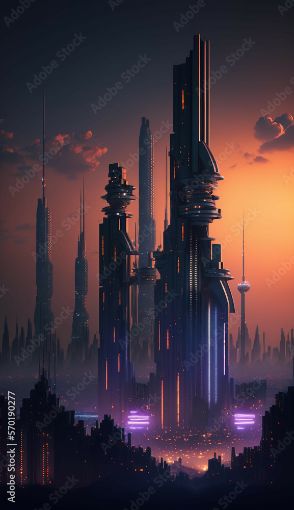 A futuristic cyberpunk skyline of skyscrapers rises tall against the dark, mysterious atmosphere, il