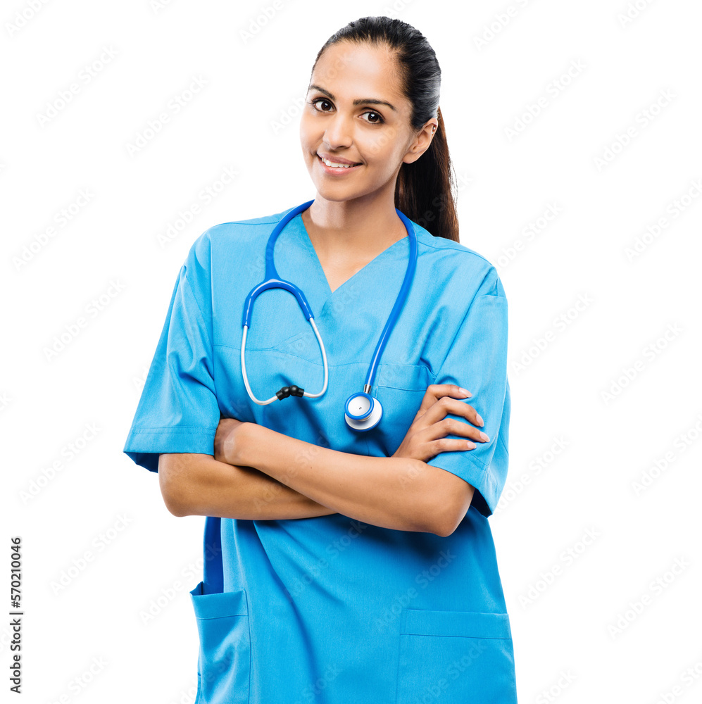 An assertive beautiful female doctor or a medical intern student posing with her hands folded and lo