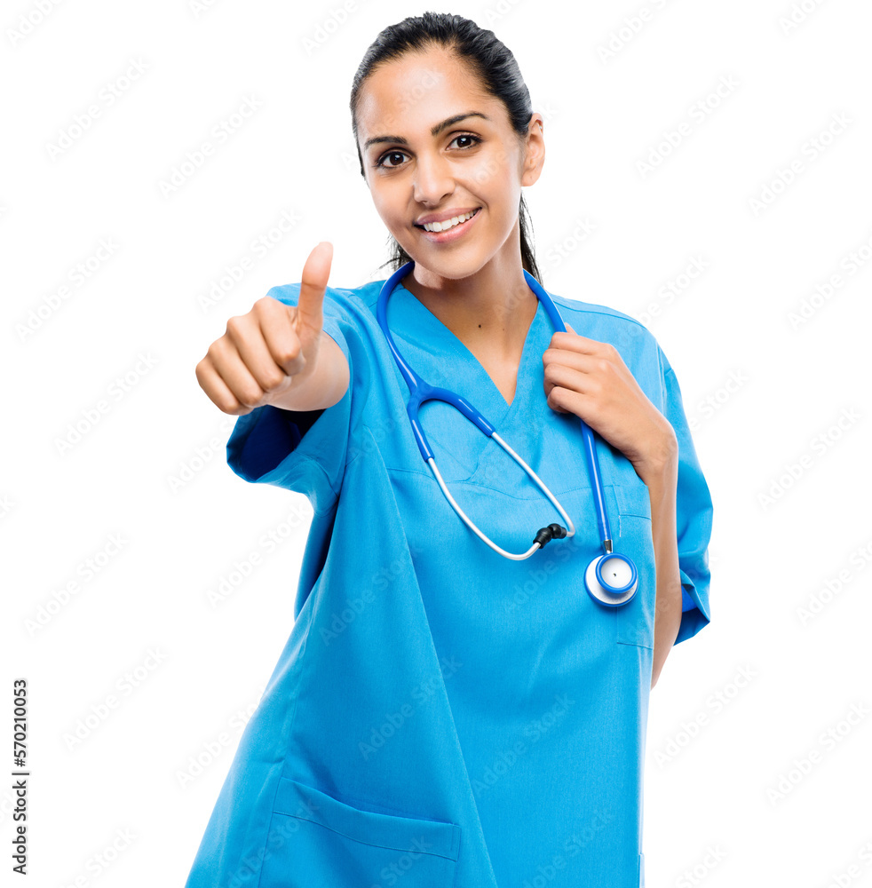 A positive young female healthcare specialist or medical student giving the thumbs up isolated on a 