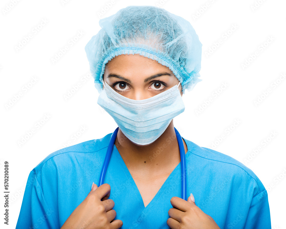 A young female doctor with a serious gazing look in uniform, surgical cap and face mask looking at t