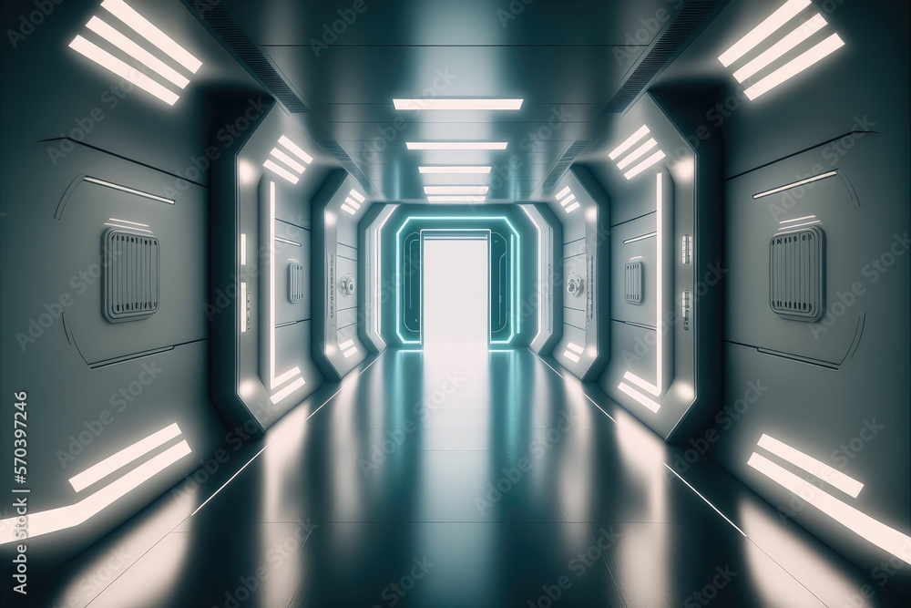 Empty sci-fi futuristic room of spaceship with blue light decoration . Super modern interior design.