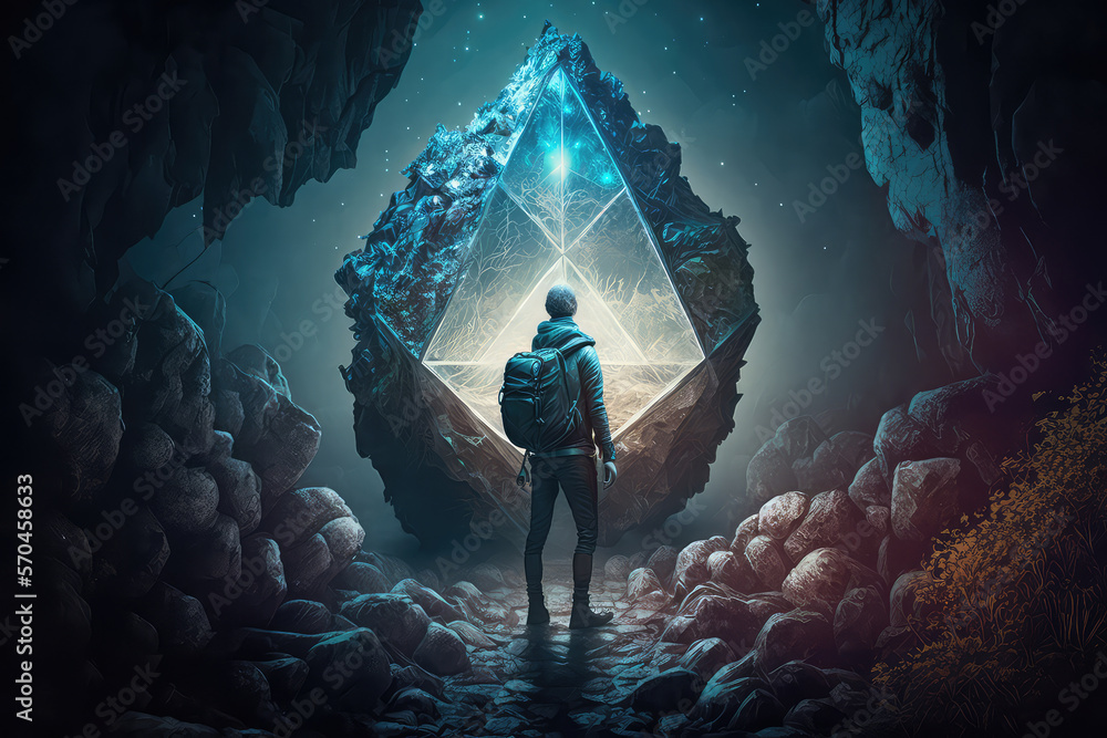 illustration painting of the explorer came to a spooky environment with diamonds, 3D illustration. (