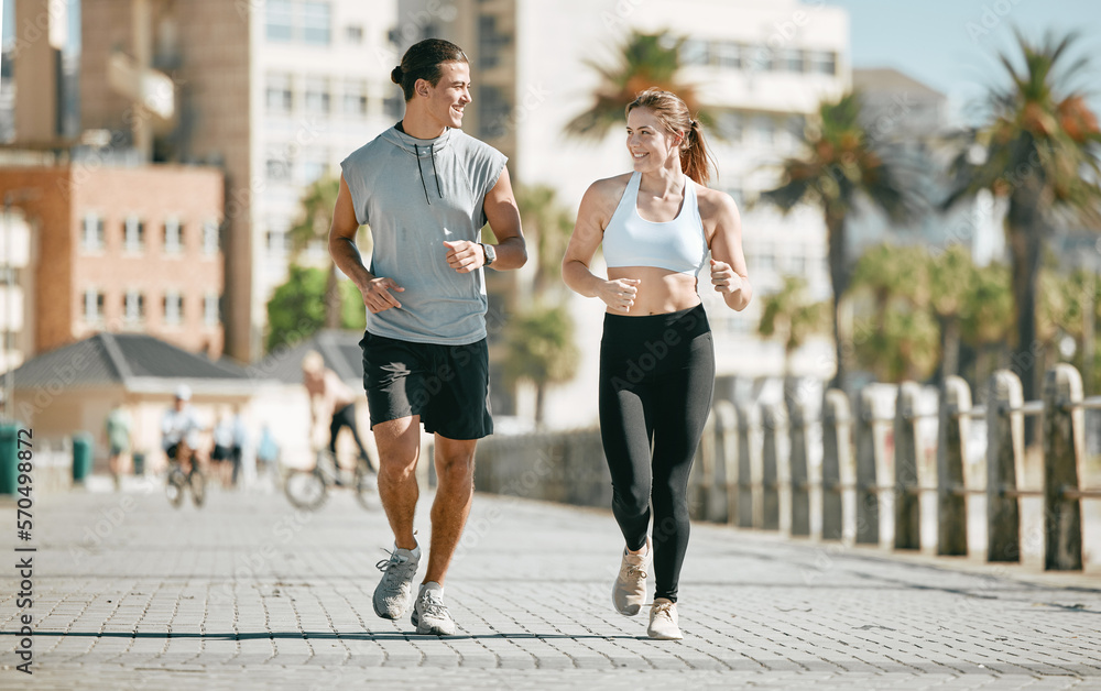 Couple, running and training together in the city for exercise, workout or cardio routine in Cape To