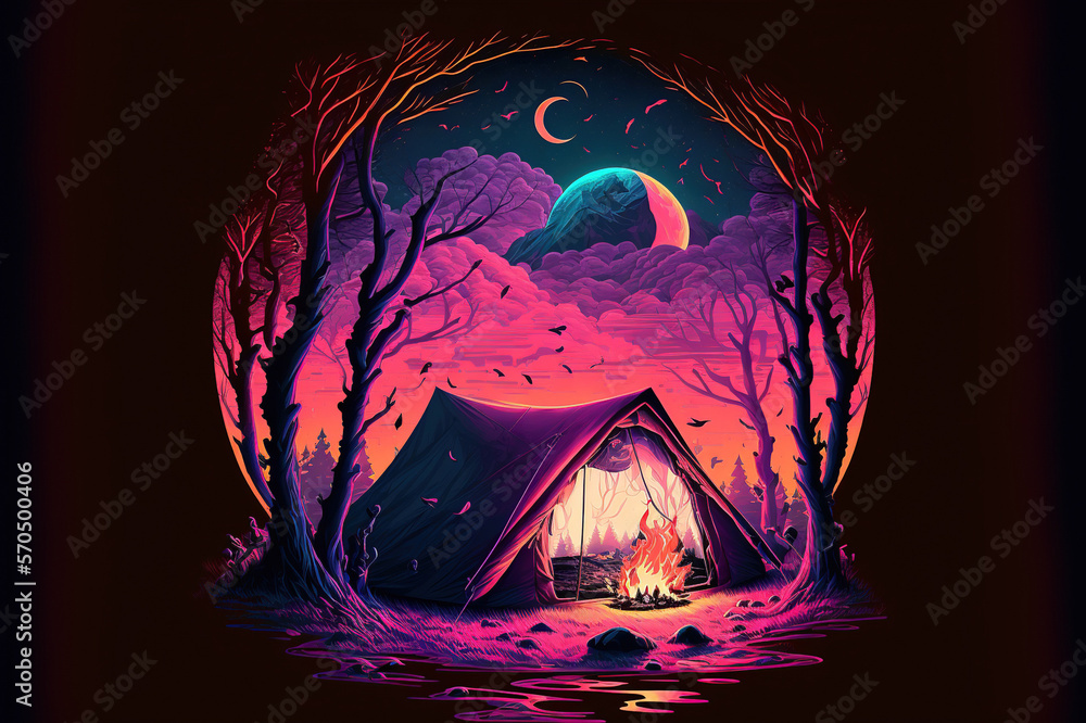 Camping tent illustrated in neon light vaporwave design . Sublime Generative AI image .