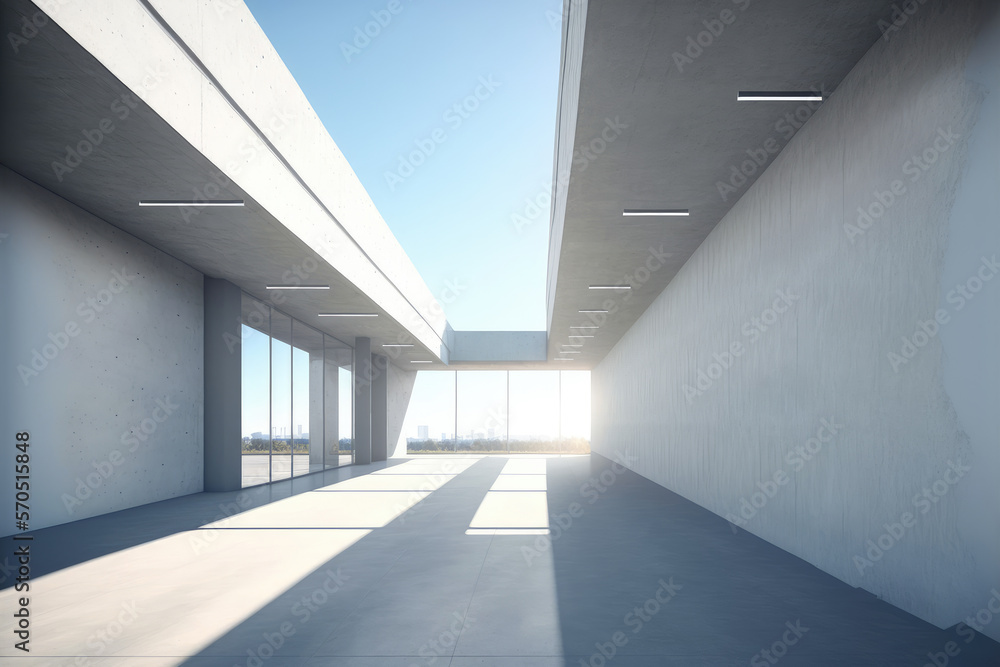 Modern architecture exterior of public hall entrance in urban building outdoor under bright sky with