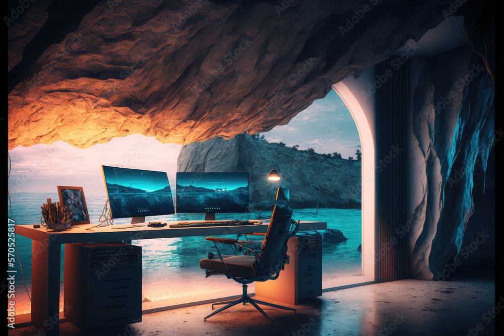 Imaginary home workspace in rocky cave with a large window overlooking ocean ridge landscape . Dream