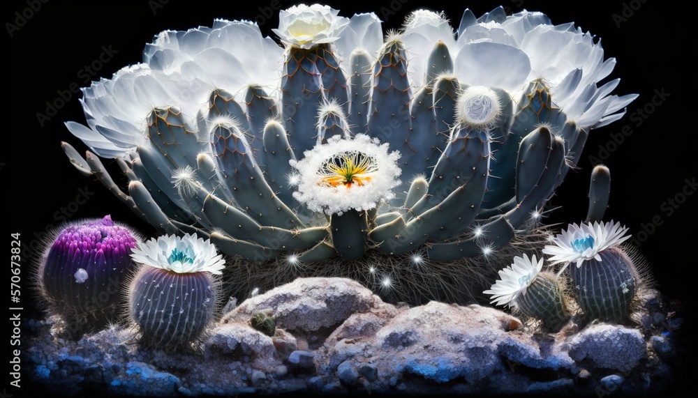  a group of cactus plants with white flowers on a black background with rocks and gravel in the fore