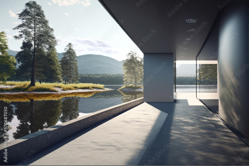 Balcony of modern building exterior design in lake and mountain landscape . Contemporary architectur