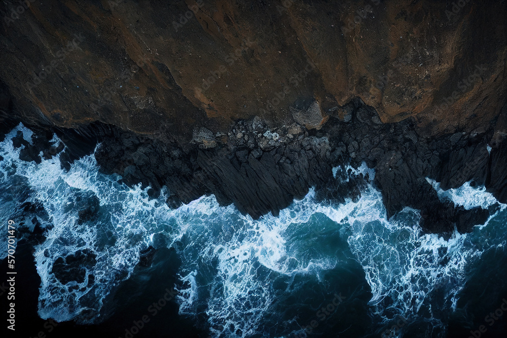 Spectacular drone photo, top view of seascape ocean wave crashing rocky cliff with sunset at the hor