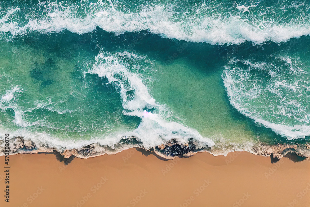 Spectacular top view from drone photo of beautiful beach with relaxing sunlight, sea water waves pou