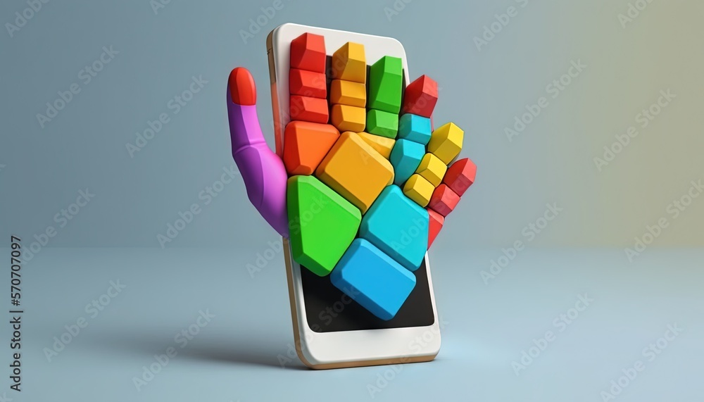  a colorful hand made out of legos on top of a cell phone with a colorful design on the front of the