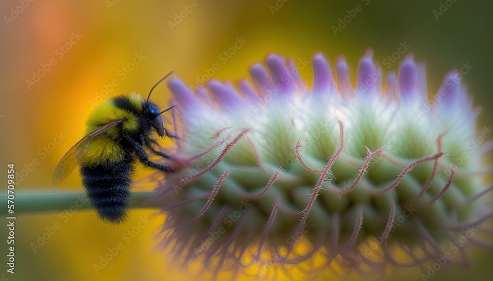  a close up of a flower with a bee on its back end and a blurry background of yellow and purple flo