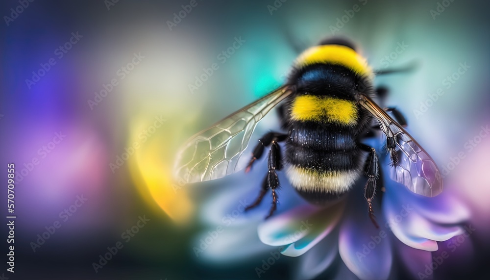  a bee sitting on top of a flower with a blurry back ground behind it and a blurry back ground behin