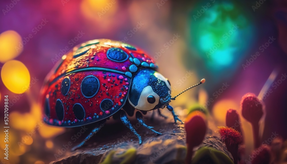  a close up of a colorful bug on a rock with cactus in the backgrouf of the image and a blurry backg