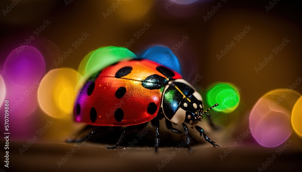  a colorful lady bug sitting on top of a wooden table next to a blurry background of colorful lights