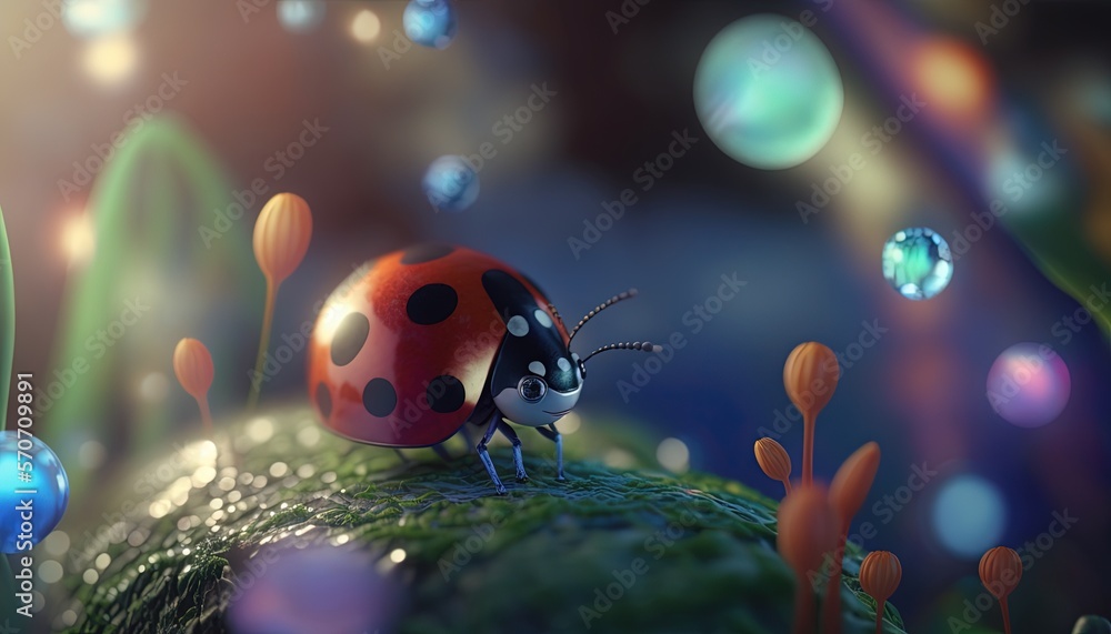  a ladybug is standing on top of a mossy hill with bubbles in the air and a ladybug on the ground.  