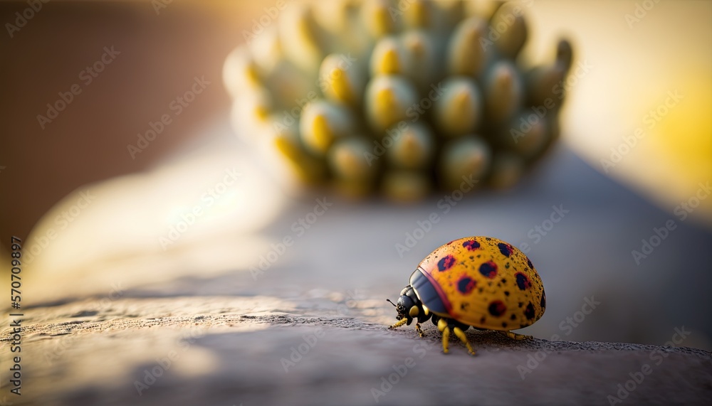  a lady bug sitting on top of a table next to a green plant and a yellow object on the ground next t