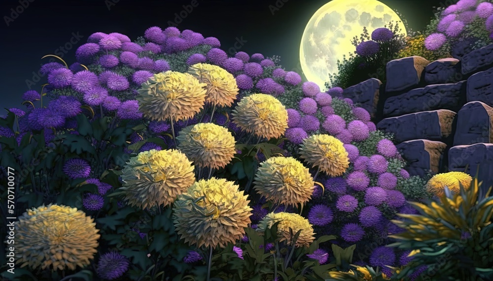  a painting of a night scene with flowers and a full moon in the sky over a rocky cliff and a full m