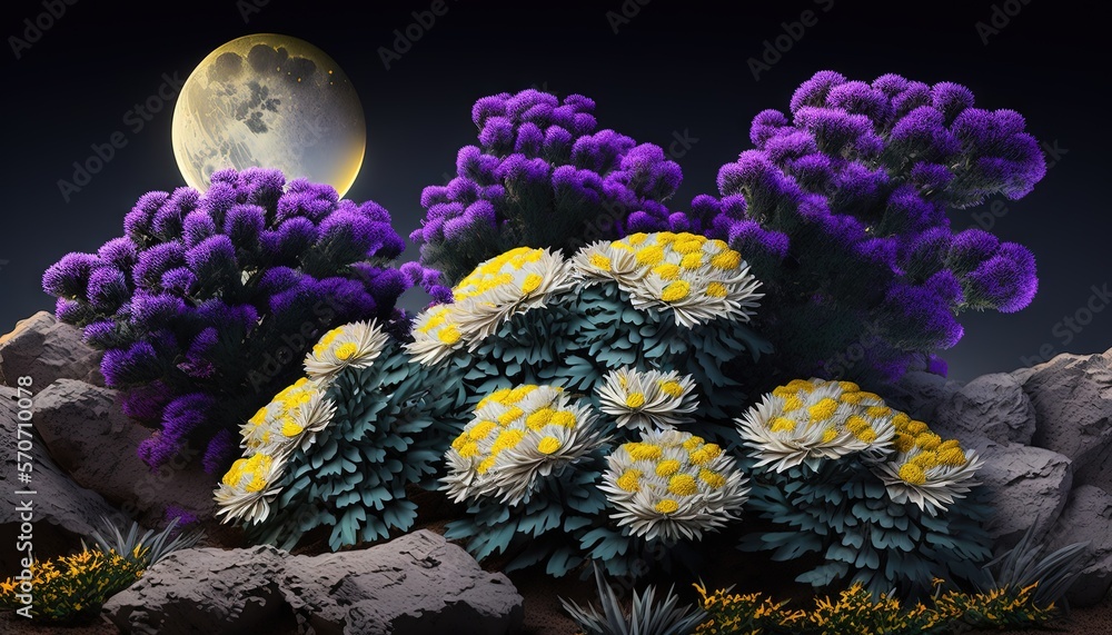  a bunch of flowers that are in the grass near some rocks and a full moon in the sky behind them and