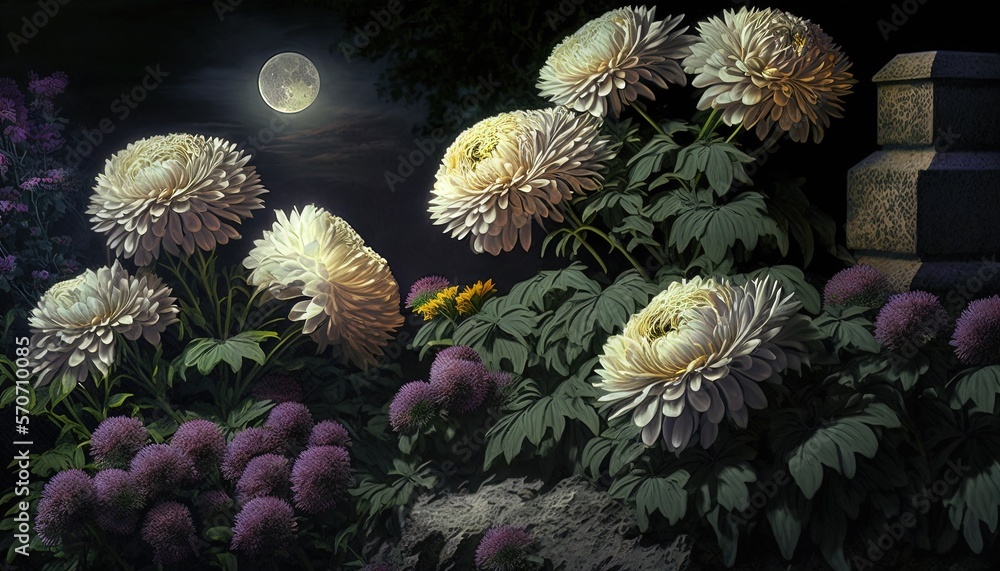  a painting of a night scene with flowers and a full moon in the sky above the trees and bushes and 