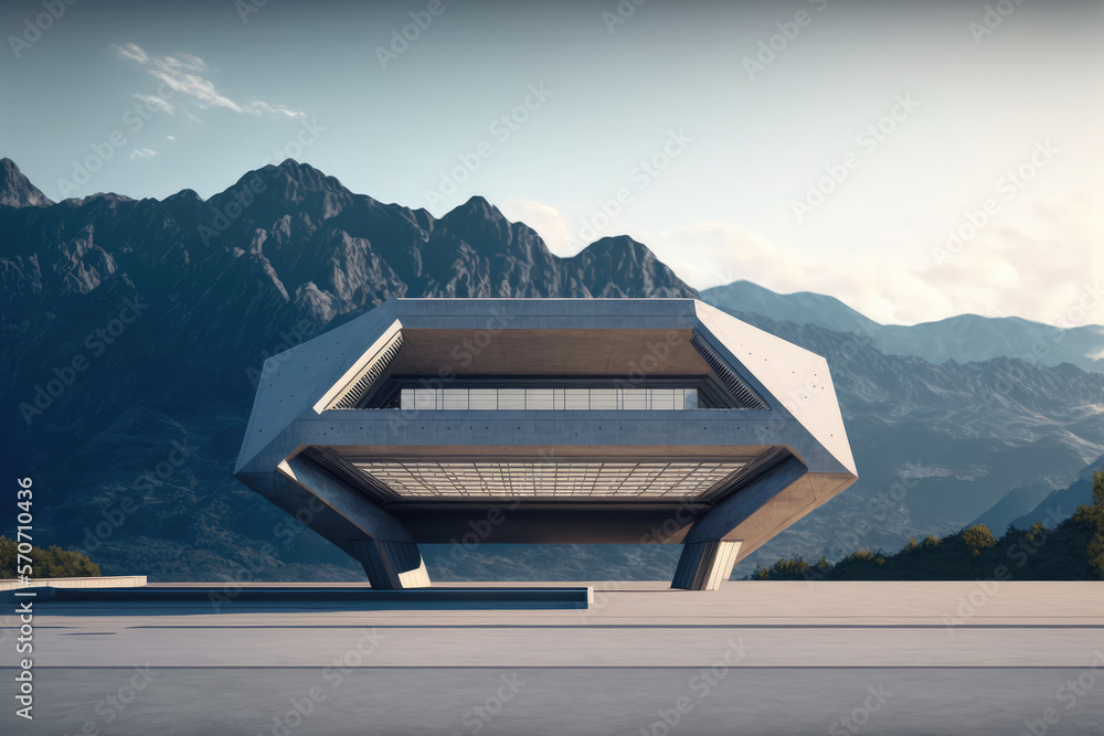 Futuristic architecture of modern hall entrance facade on high mountain top scenery with empty outdo