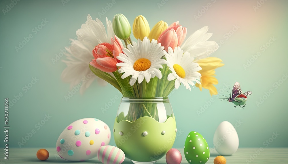  a vase filled with lots of flowers next to an easter egg and a butterfly on a table with a butterfl