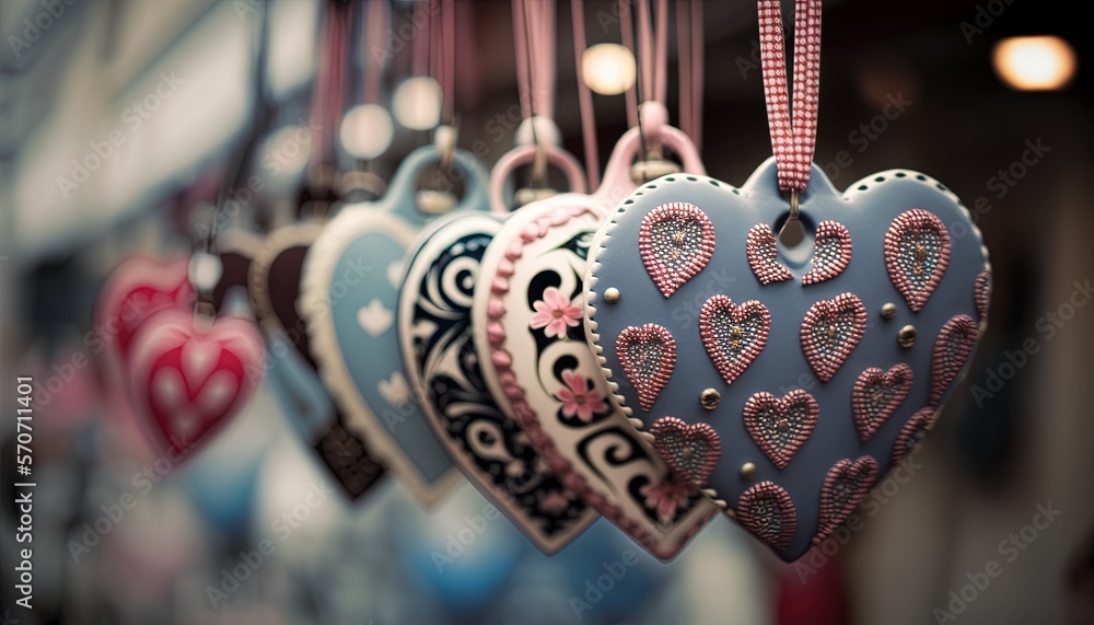  a group of heart shaped ornaments hanging from a string in a store window display case with lights 
