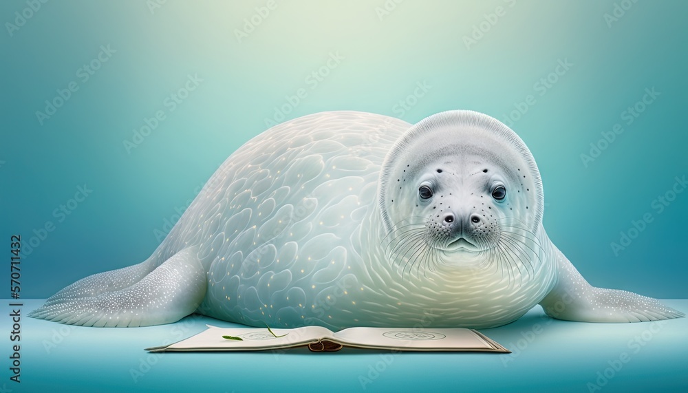  a white seal laying on top of a book on a blue background with a light blue background and a light 