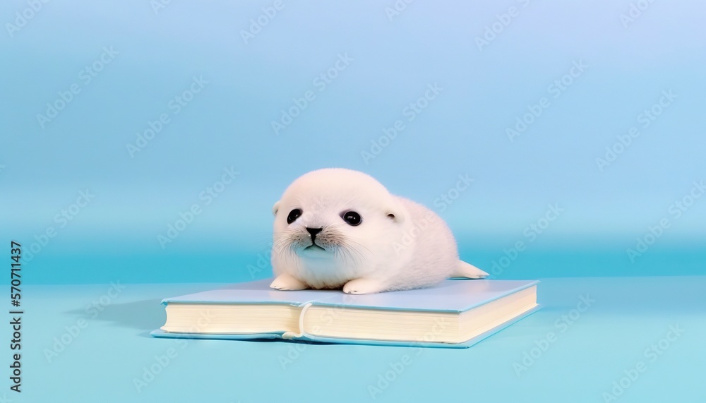  a small white seal sitting on top of a book on a blue background with a blue background and a white