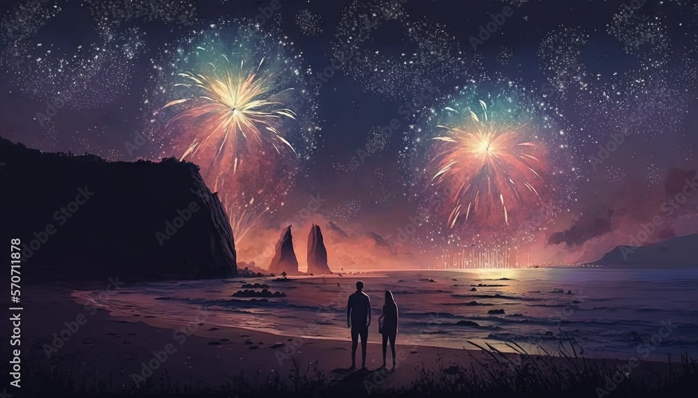  two people standing on a beach watching fireworks go off in the sky above the water and a cliff on 