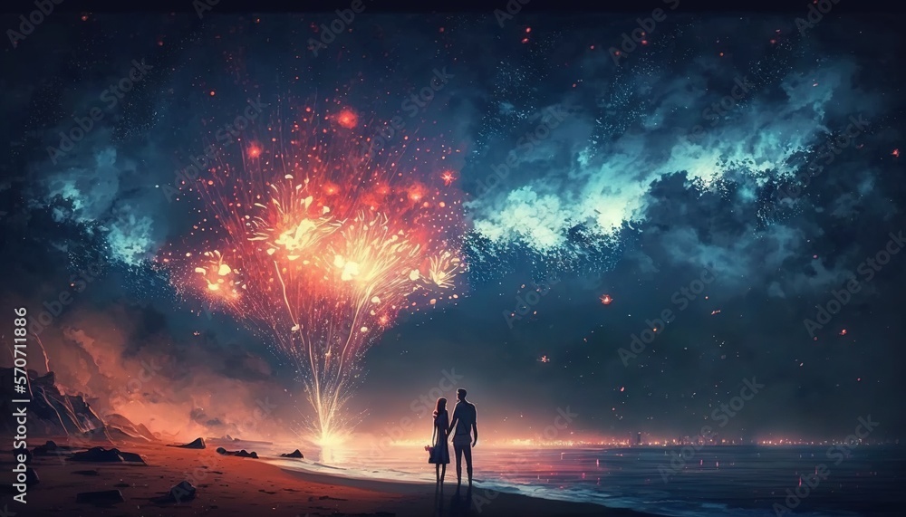  two people standing on a beach watching fireworks go off in the sky above them and a man and woman 