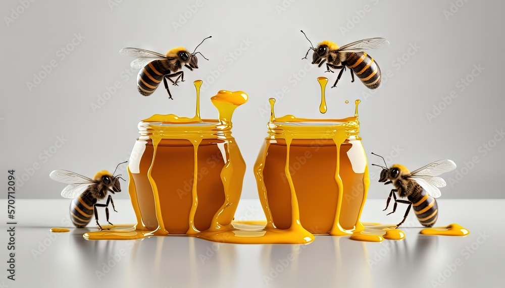  a group of honey jars with honey flowing out of them and a bee flying towards the top of the jars w