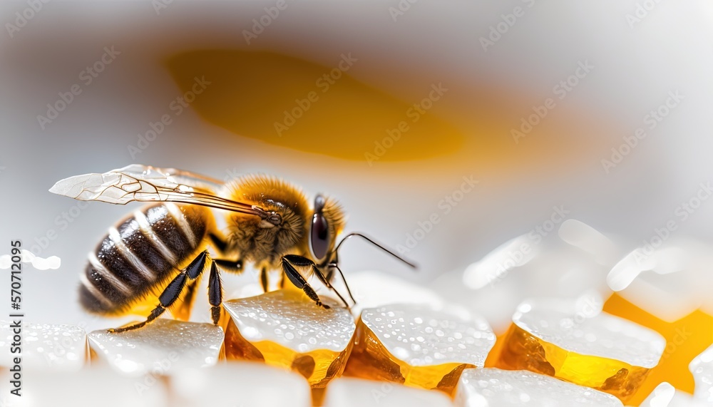  a bee sitting on top of a flower covered in water droplets and dews on a white surface with a yello