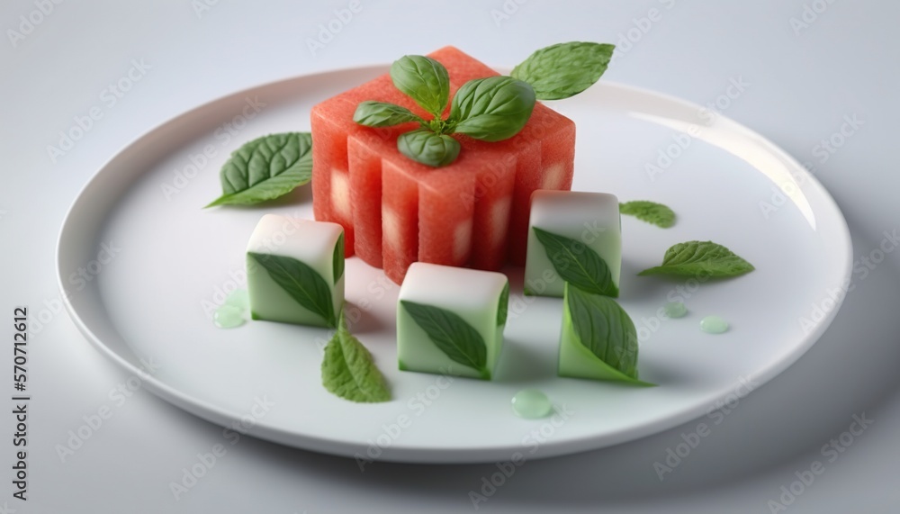  a white plate topped with a piece of watermelon and cubes of ice cubes on top of each other with mi
