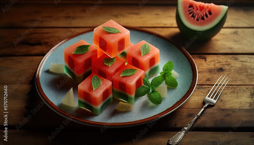  a plate of cut up watermelon and mint on a wooden table next to a fork and a watermelon slice on a 