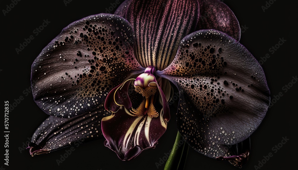  a close up of a purple flower with drops of water on its petals and a black background with a blac