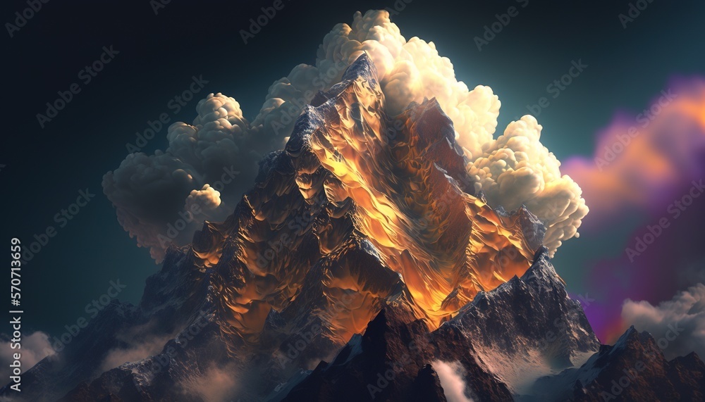  a very tall mountain with a lot of clouds in its face and a bright yellow flame coming out of the 