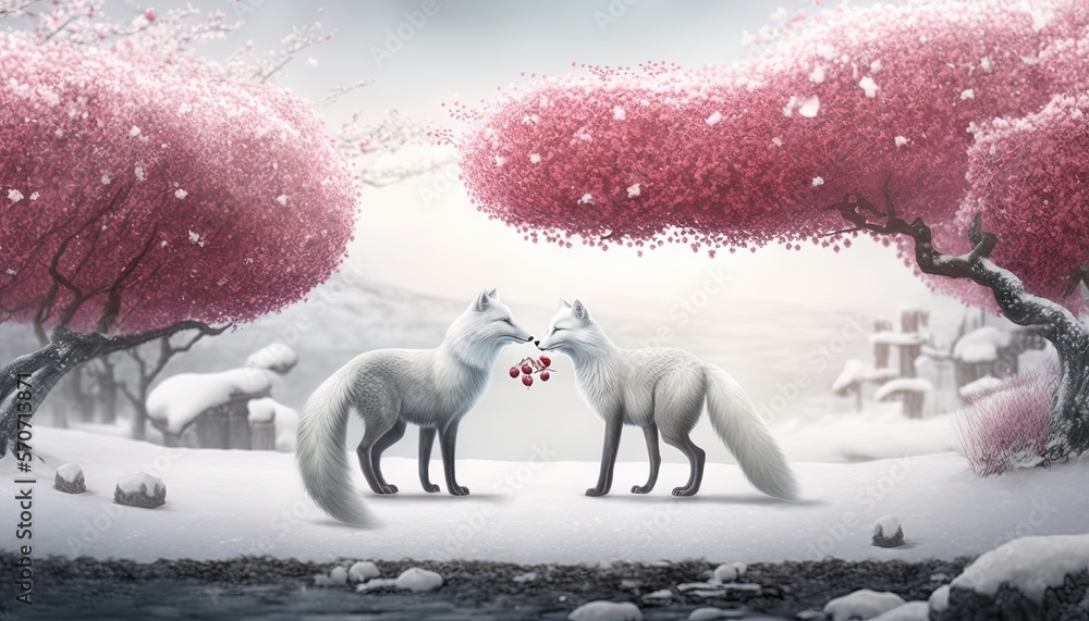  two white foxes standing next to each other in a snowy forest with trees and rocks on the ground an