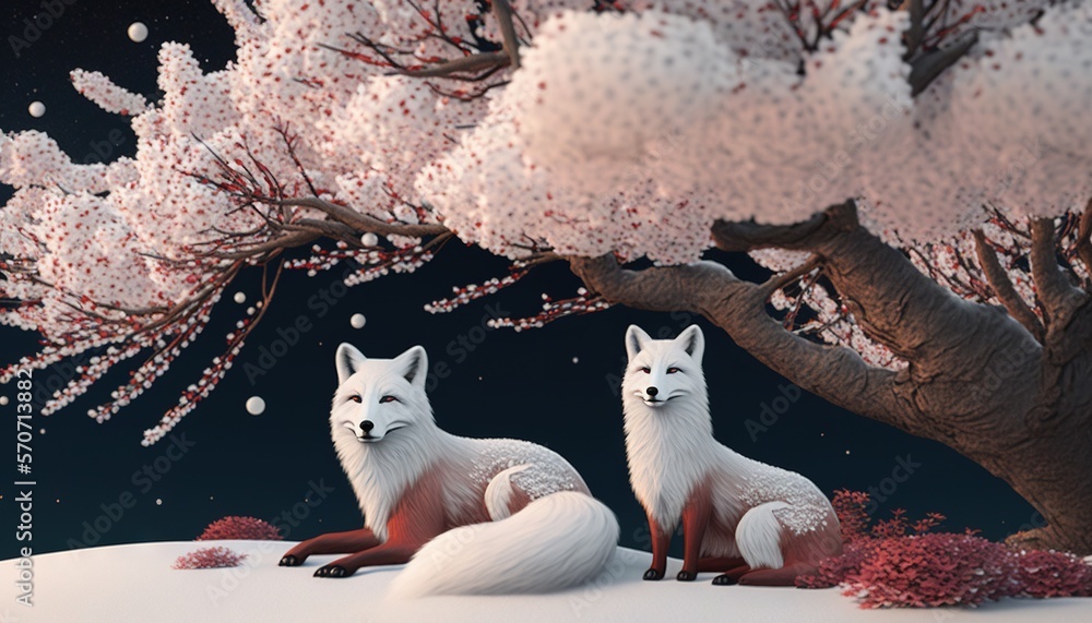  two white foxes sitting in the snow under a tree with pink flowers on its branches and a moon in t