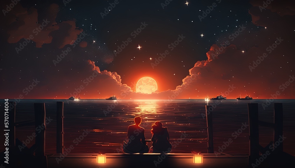  two people sitting on a pier looking at the ocean at night with a full moon in the sky and stars in