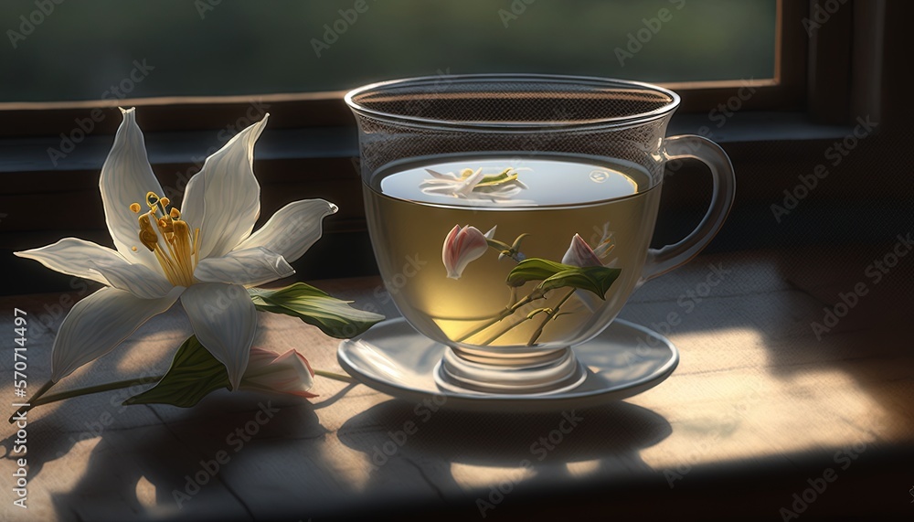  a painting of a cup of tea with a flower on the side of the cup and a window sill in the background